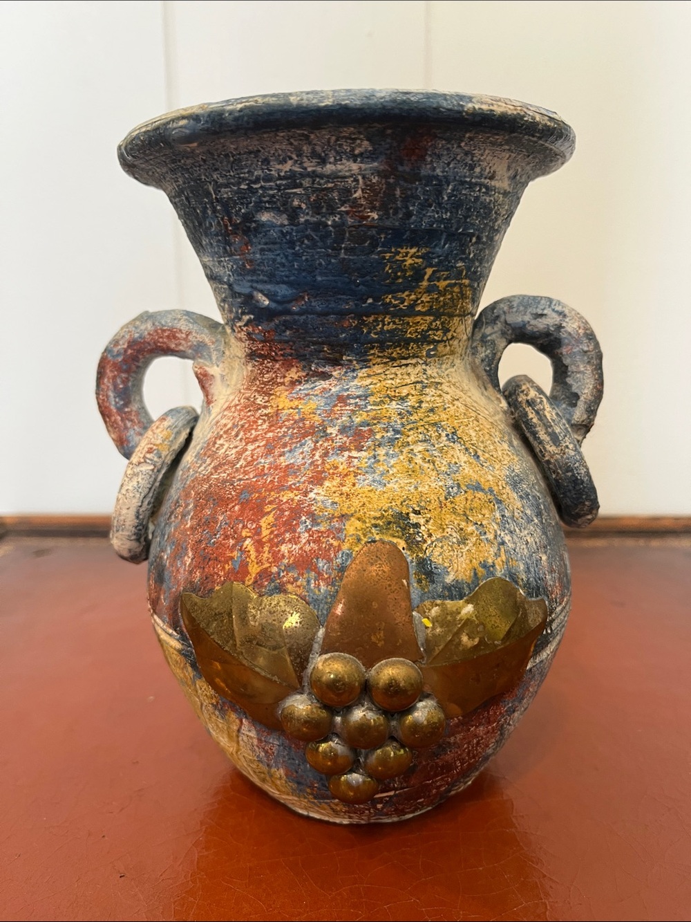 Pottery Vintage Vase Brass and Copper Accents Loop Handles Primitive Folk Art